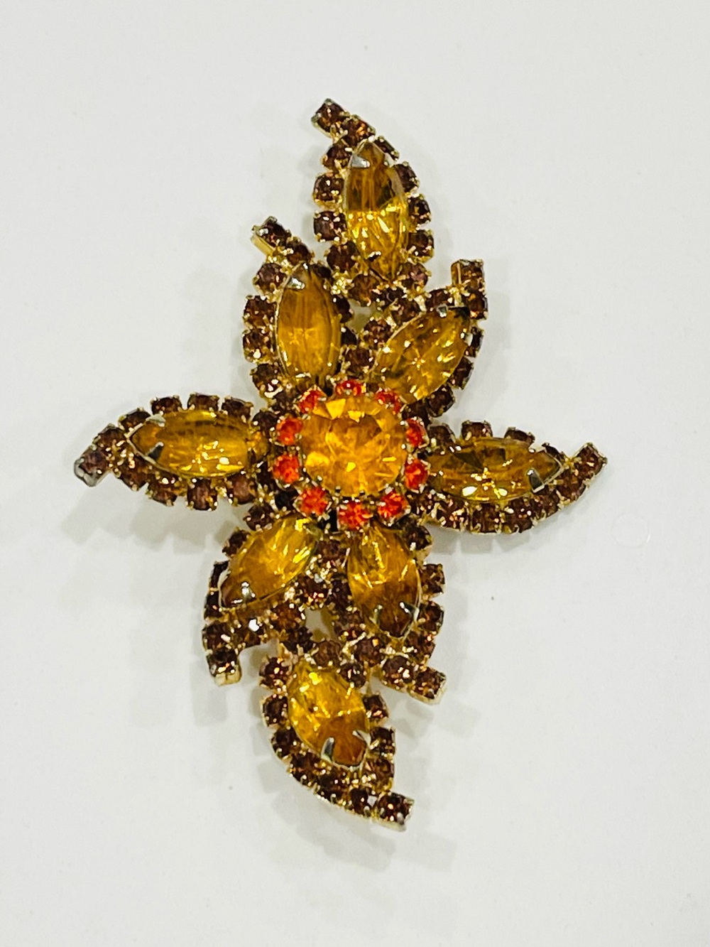 Vintage Amber Rhinestone Floral Brooch Gold Tone 3” Statement Pin